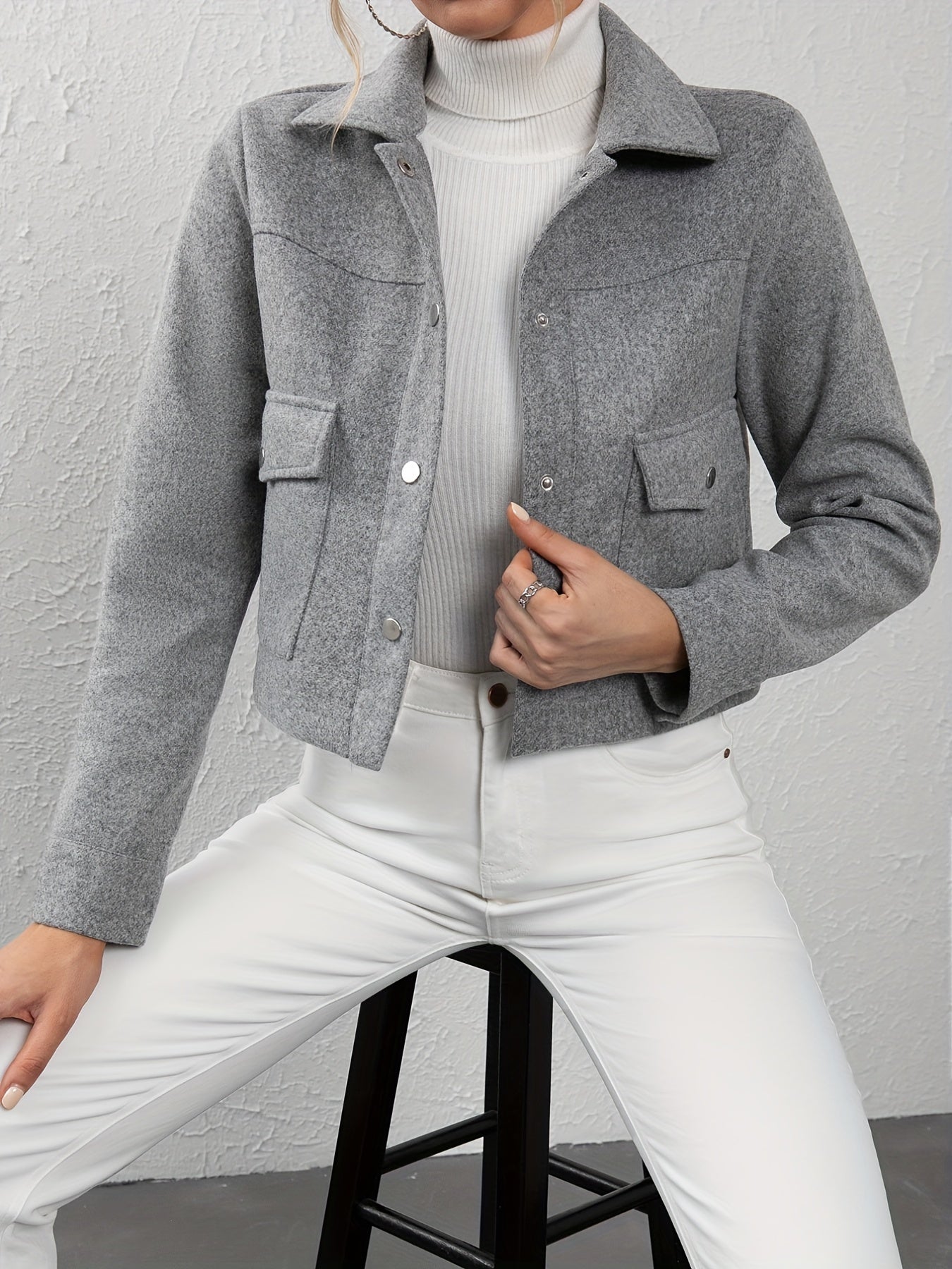 Button Front Lapel Neck Jacket Casual Long Sleeve Outerwear for Women
