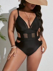 Sexy Swimsuit Women's Plus Mesh Cut Out Deep V Neck One Piece