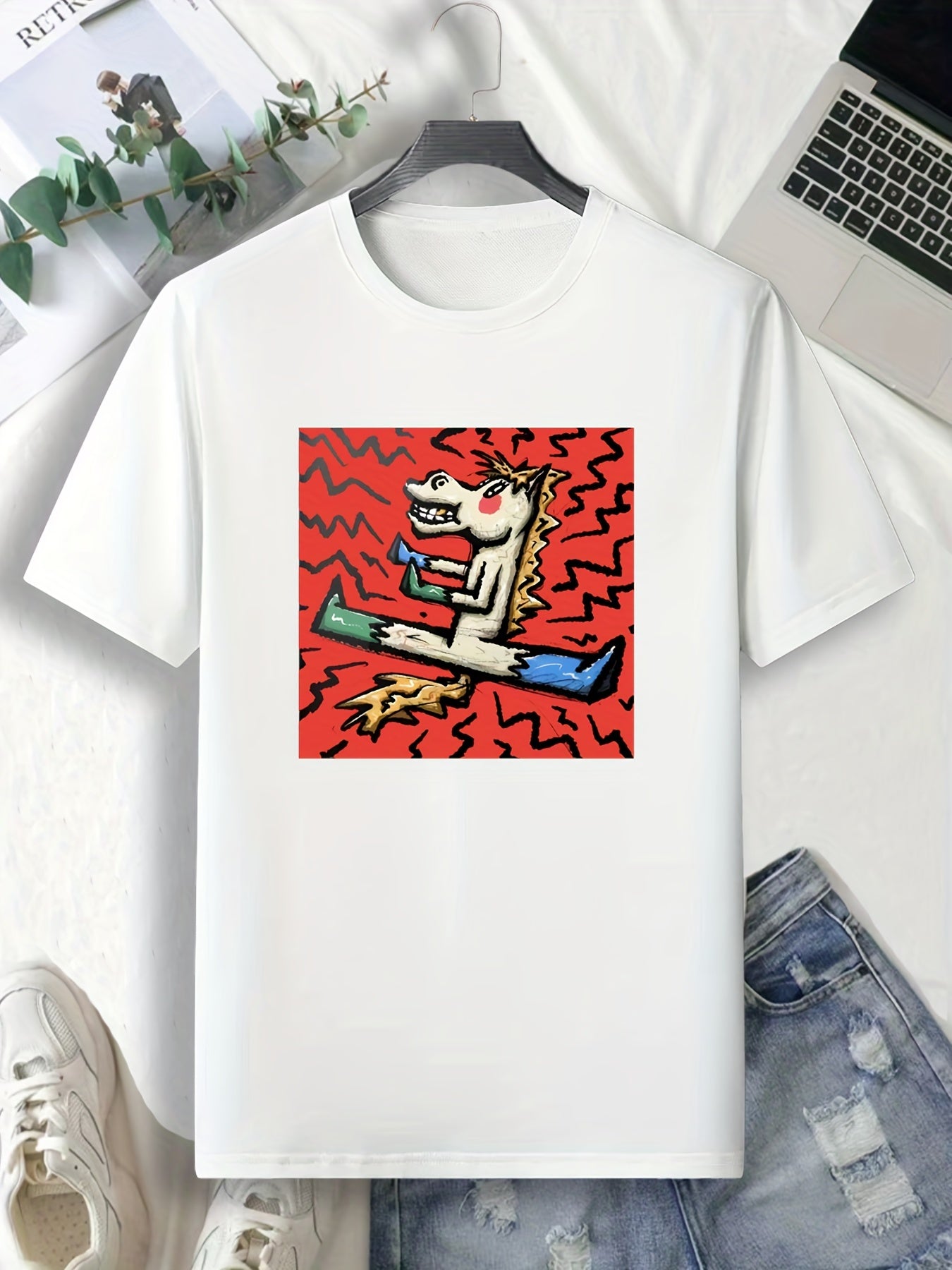 Comics Style Horse Print Men's Tee for Outdoor Gift