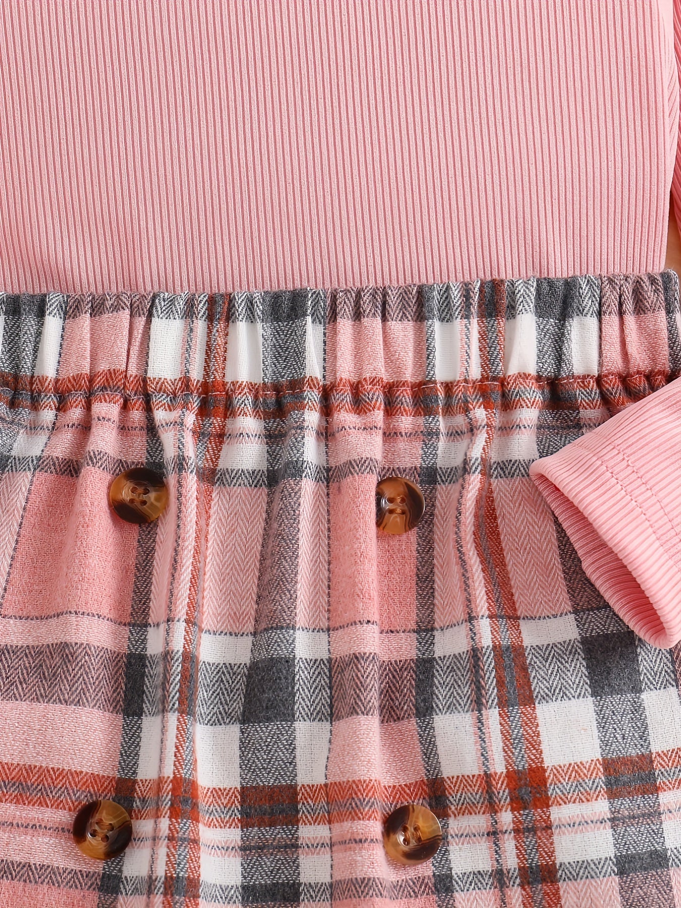 Girl's Ribbed Long Sleeve Top & Plaid Skirt Set Button Decor Outfit