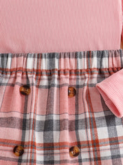 Girl's Ribbed Long Sleeve Top & Plaid Skirt Set Button Decor Outfit