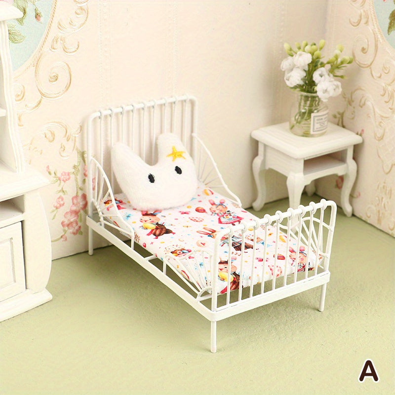 1:12 Dollhouse Mini Iron Bed Cradle with Cushion Mattress Bedroom Decor