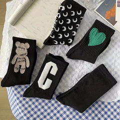 Letter & Bear Print Mid Tube Socks Womens Stockings