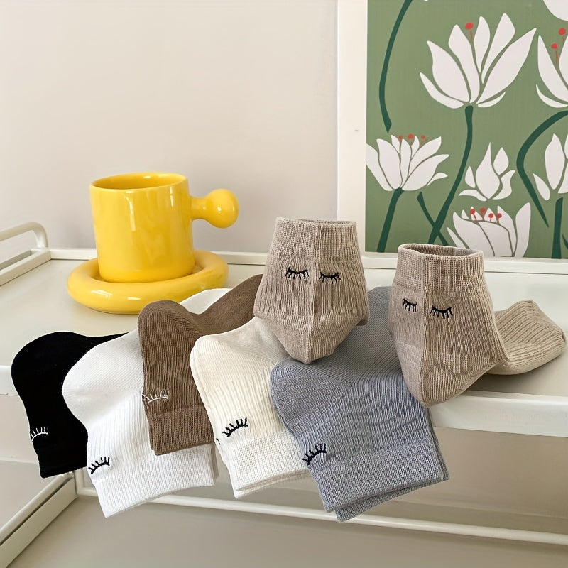 6 Pairs Eyelash Print Socks Women's Short Stockings