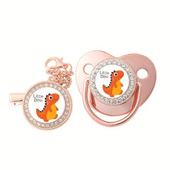 Dinosaur Bling Golden Baby Pacifier with Chain Clip