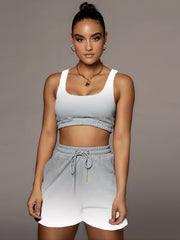 Gradient Two Piece Sport Sets Sleeveless Crop Tops & Drawstring Shorts