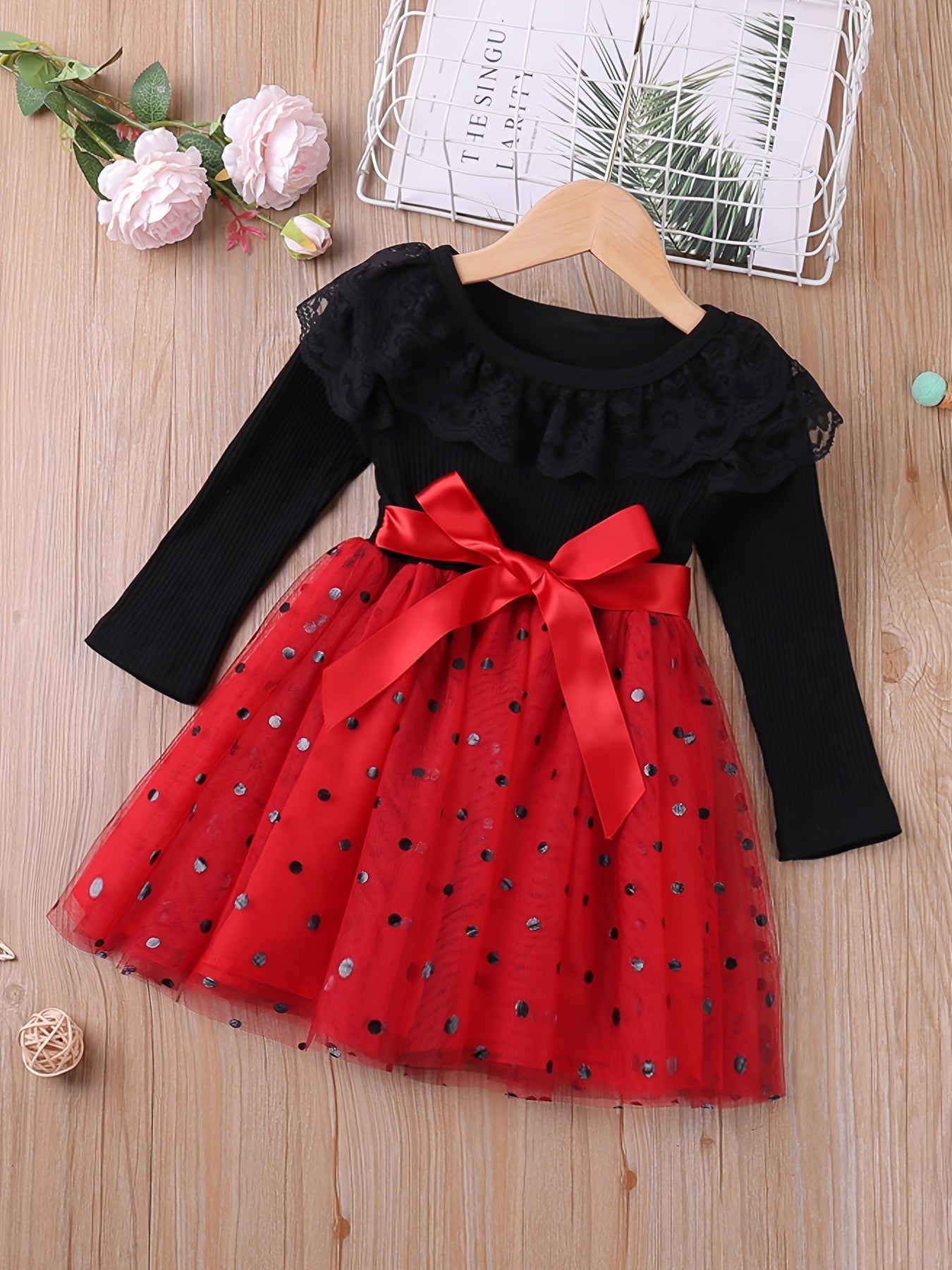 Girls Mesh Dress with Ruffle Brim Polka Dot Print - Kids Clothes
