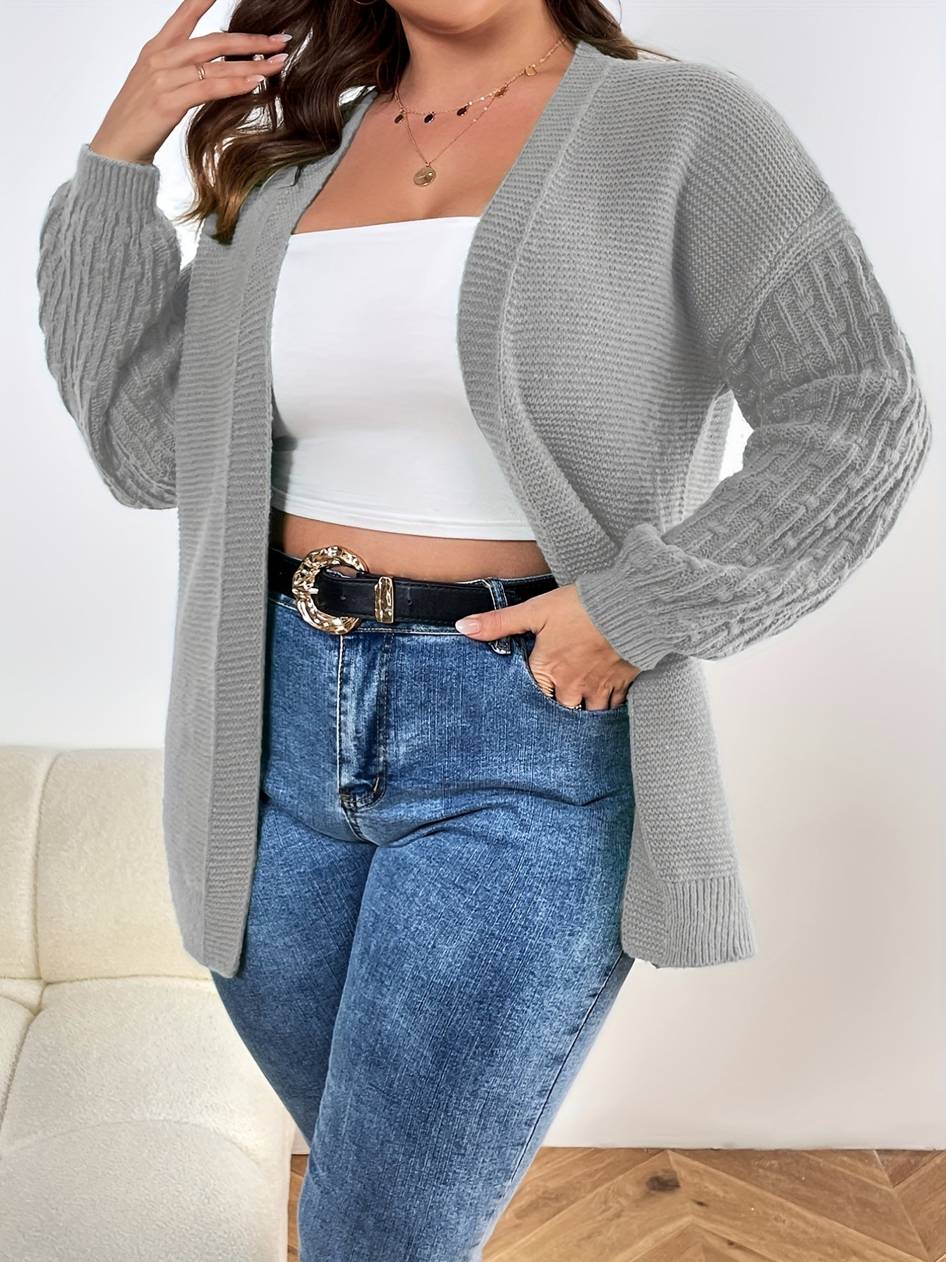 Plus Size Solid Lantern Sleeve Open Front Cardigan