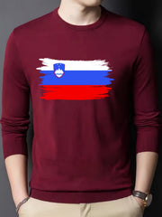Slovenia Flag Print Men's Long Sleeve T shirt Slim Fit Crew Neck Tops