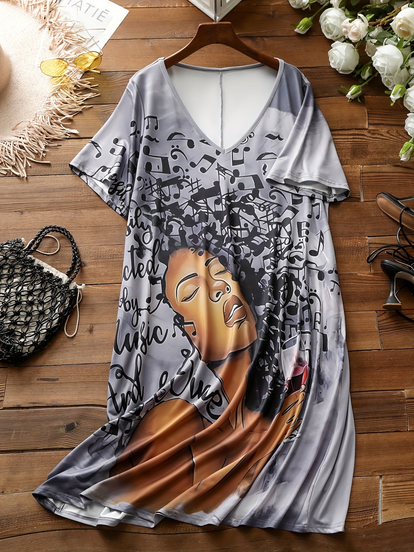 Casual Dress Women's Plus Cartoon Print Short Sleeve V Neck Dress