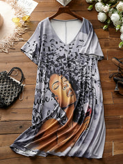 Casual Dress Women's Plus Cartoon Print Short Sleeve V Neck Dress