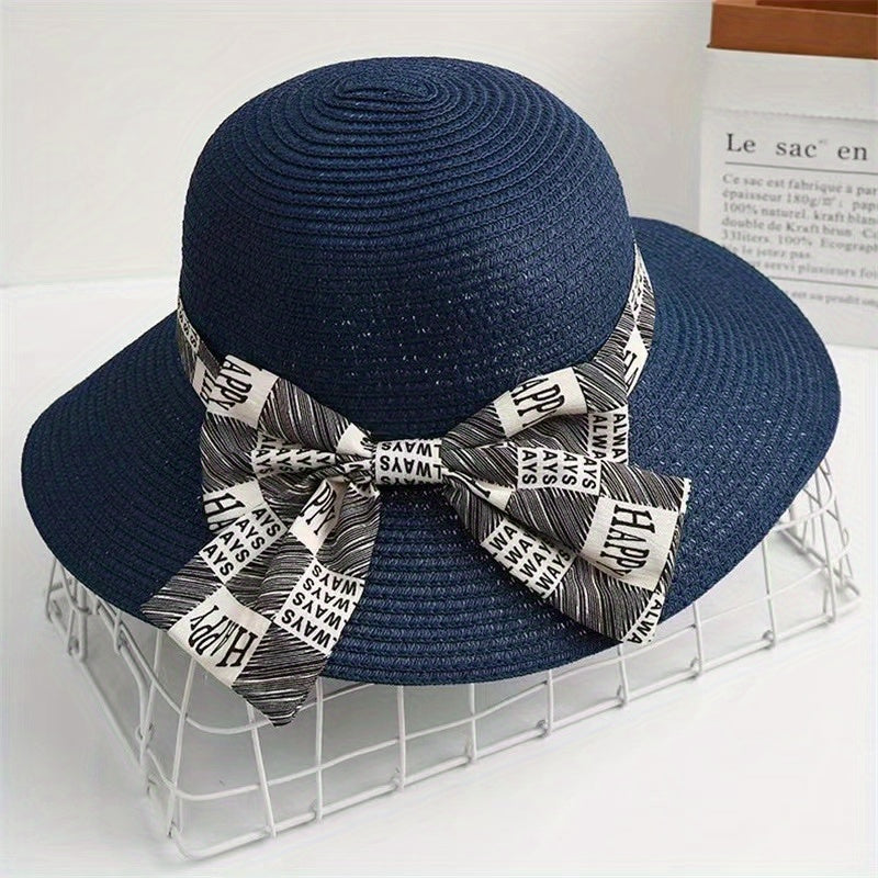 Graffiti Bowknot Sun Hat Wide Brim UV Protection Straw Hat for Women
