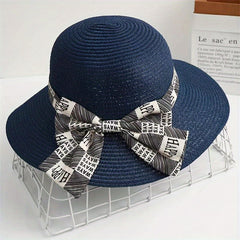 Graffiti Bowknot Sun Hat Wide Brim UV Protection Straw Hat for Women