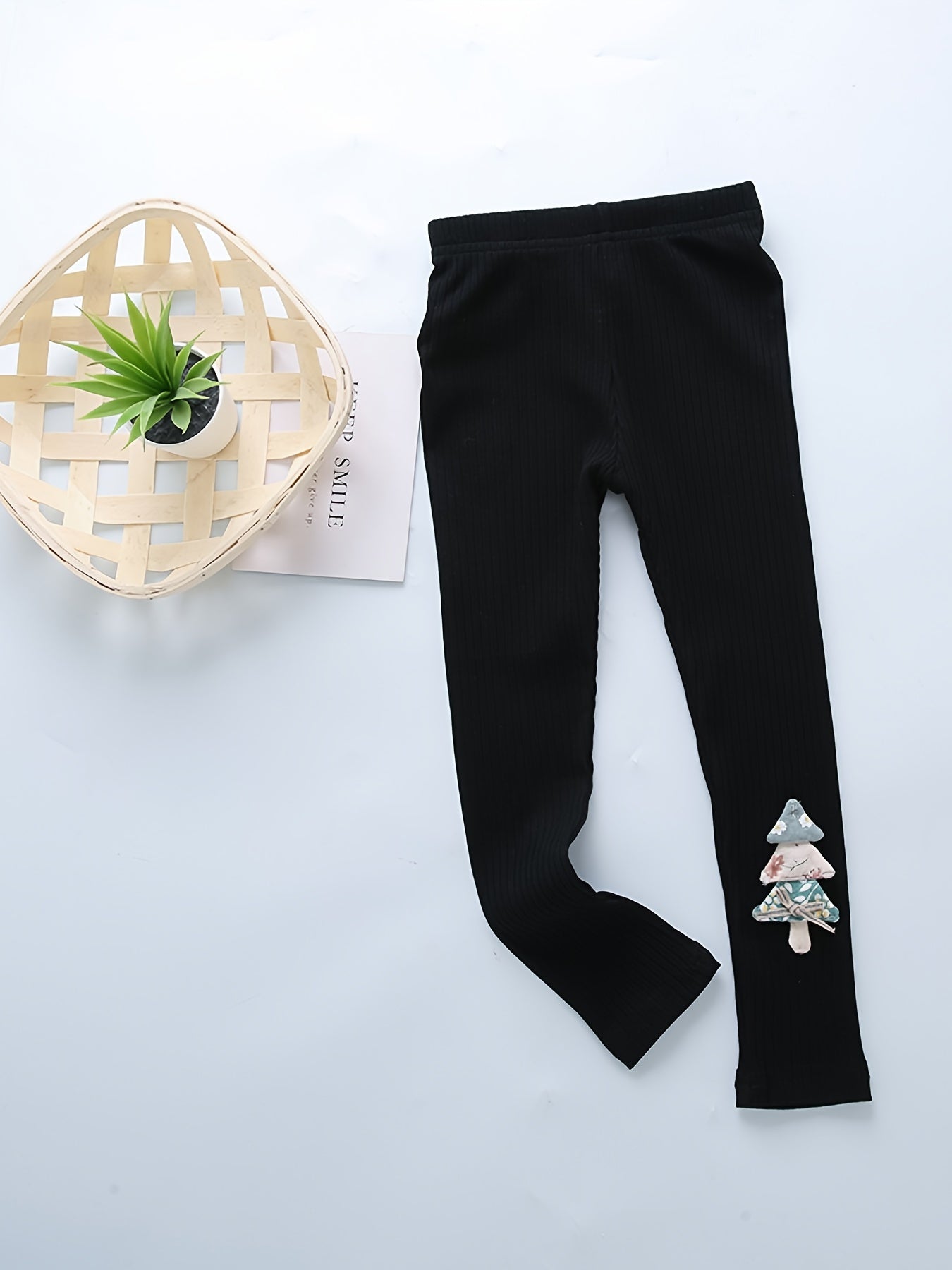 Girls Ribbed Leggings with Cartoon Decoration for Autumn/Spring