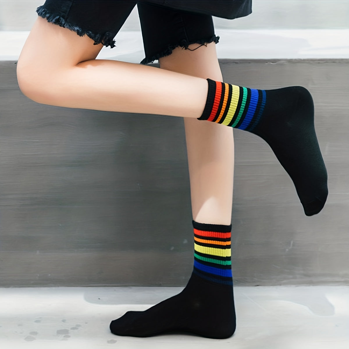 6 Pairs Rainbow Striped Socks - Women's Mid Tube Socks