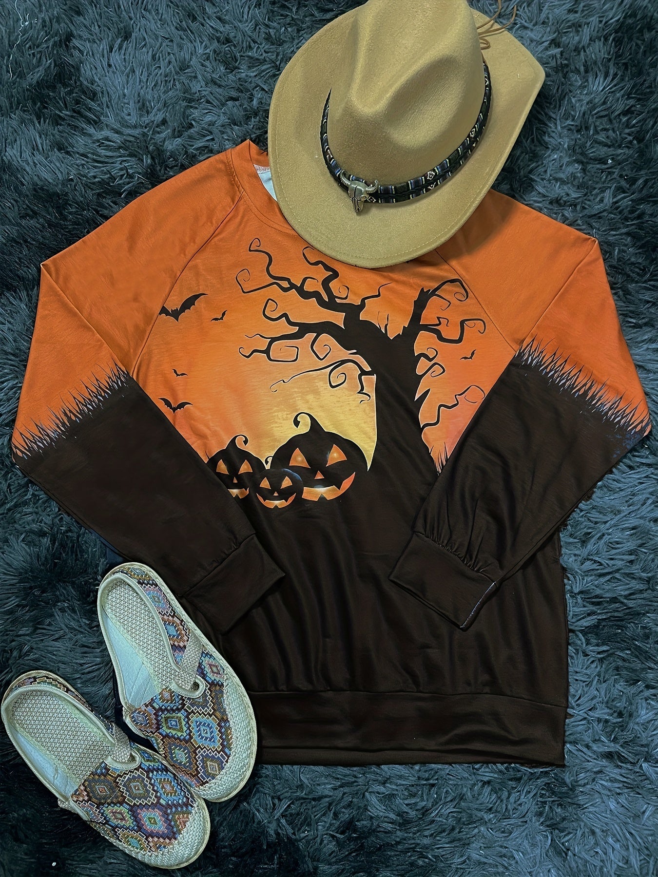 Halloween Print Crew Neck Sweatshirt Long Sleeve Raglan Shoulder Sweatshi