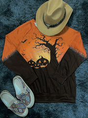 Halloween Print Crew Neck Sweatshirt Long Sleeve Raglan Shoulder Sweatshi