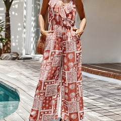 Patchwork Cami Jumpsuit Boho Paisley Print Sleeveless V Neck Ruffle Trim