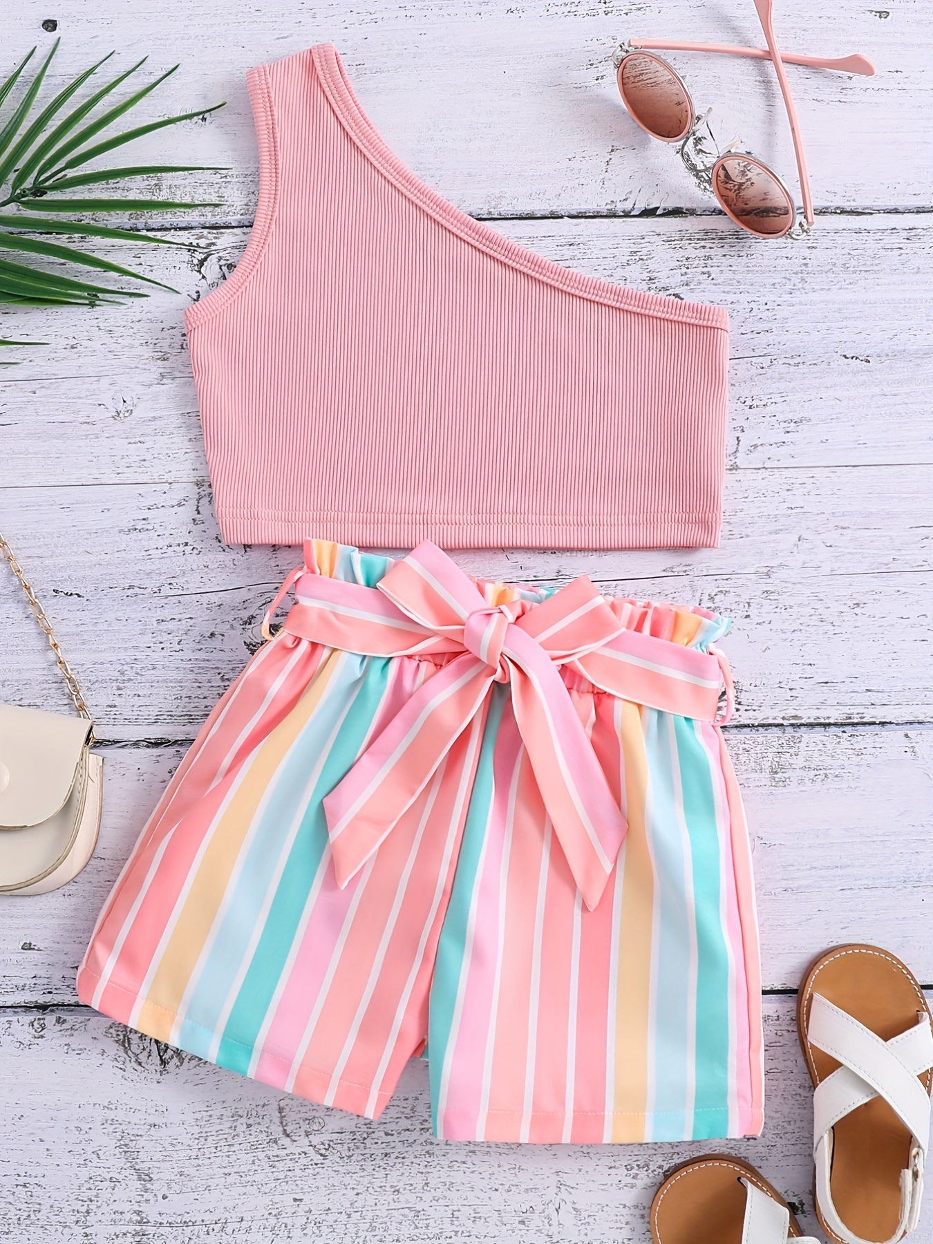 Girls 1 Shoulder Crop Top & Striped Shorts Set Kids Summer Clothes