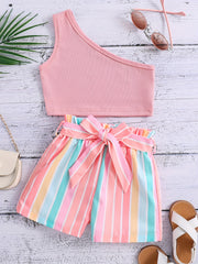 Girls 1 Shoulder Crop Top & Striped Shorts Set Kids Summer Clothes
