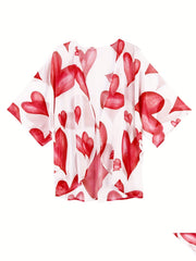 Print Half Sleeve Cover Up Comfy Chiffon V Neck Loose Kimono Cover Up