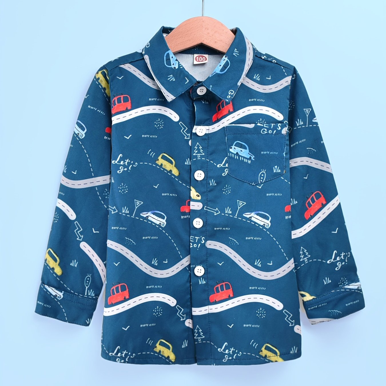 Boys Car Print Hawaiian Shirt Long Sleeve Button Down