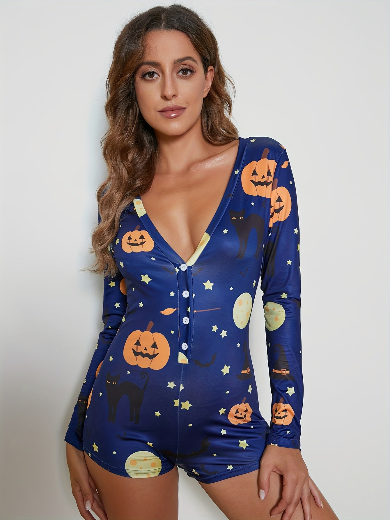 Halloween Pumpkin Print Pajama Romper V Neck Pajamas Women's Lingerie