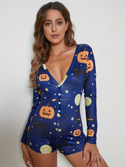 Halloween Pumpkin Print Pajama Romper V Neck Pajamas Women's Lingerie