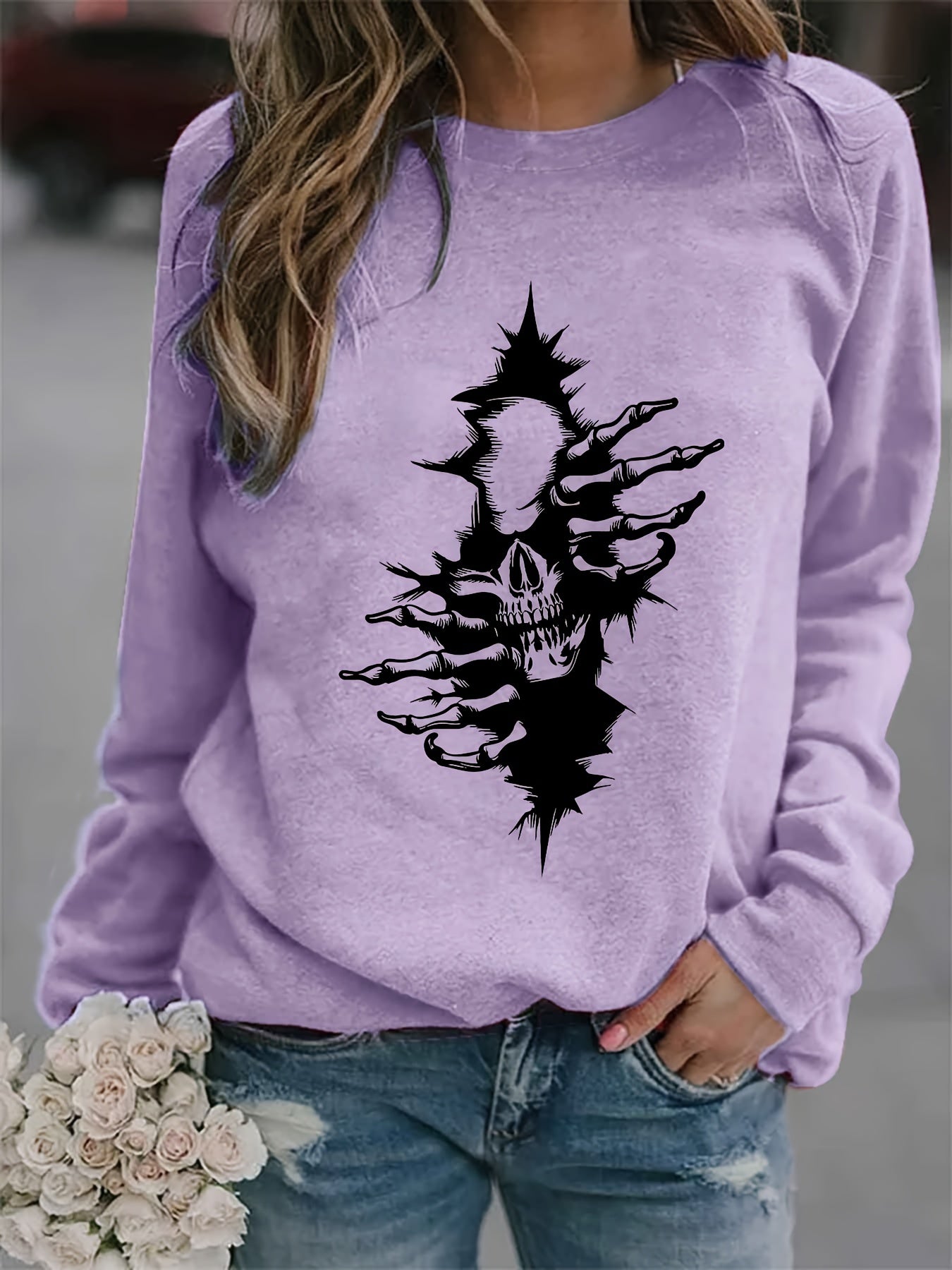 Halloween Skull Print Sweatshirt Long Sleeve Crew Neck Women's Clothing
