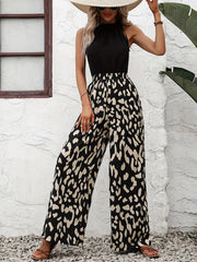 Leopard Print Wide Leg Jumpsuit Drawstring Sleeveless