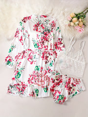 Floral Print Lounge Set Long Sleeve Ruffle Robe & Cami Top & Shorts
