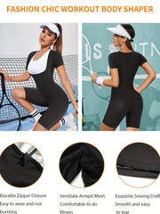 Solid Zipper Shaping Romper Tummy Control Butt Lifting Short Sleeve Body Shaper
