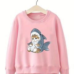 Kitten & Shark Pattern Round Neck Sweatshirt For Girls