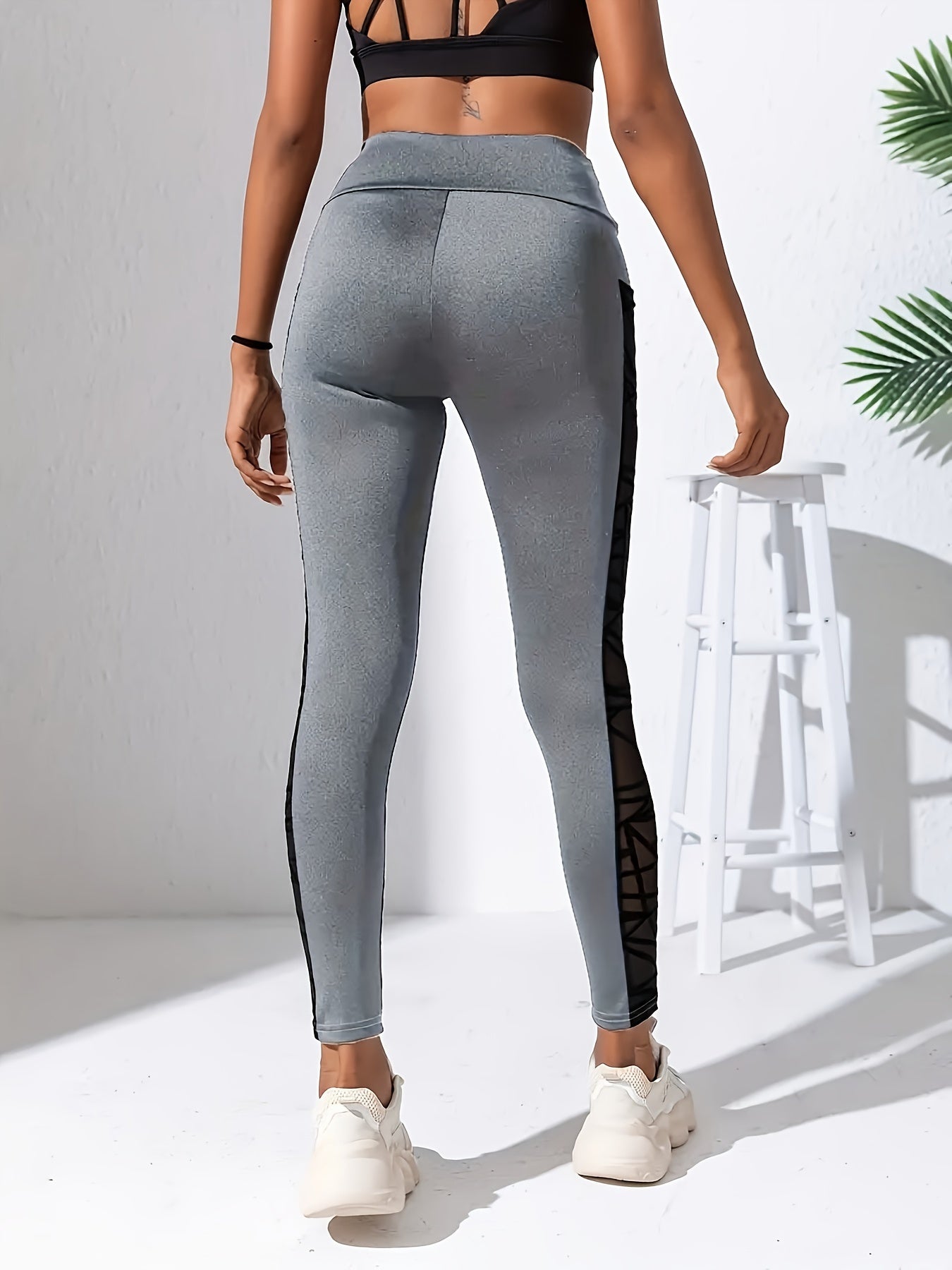 2pcs Mesh Insert Yoga Leggings With Pocket High Waist Sports Tight Pants