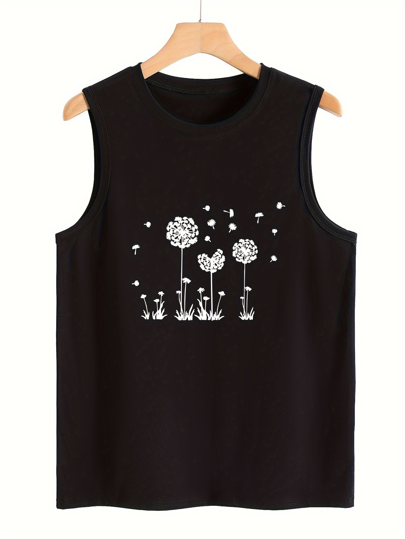 Dandelion Print Tank Top Crew Neck Loose Fit Sleeveless Basic