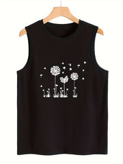 Dandelion Print Tank Top Crew Neck Loose Fit Sleeveless Basic