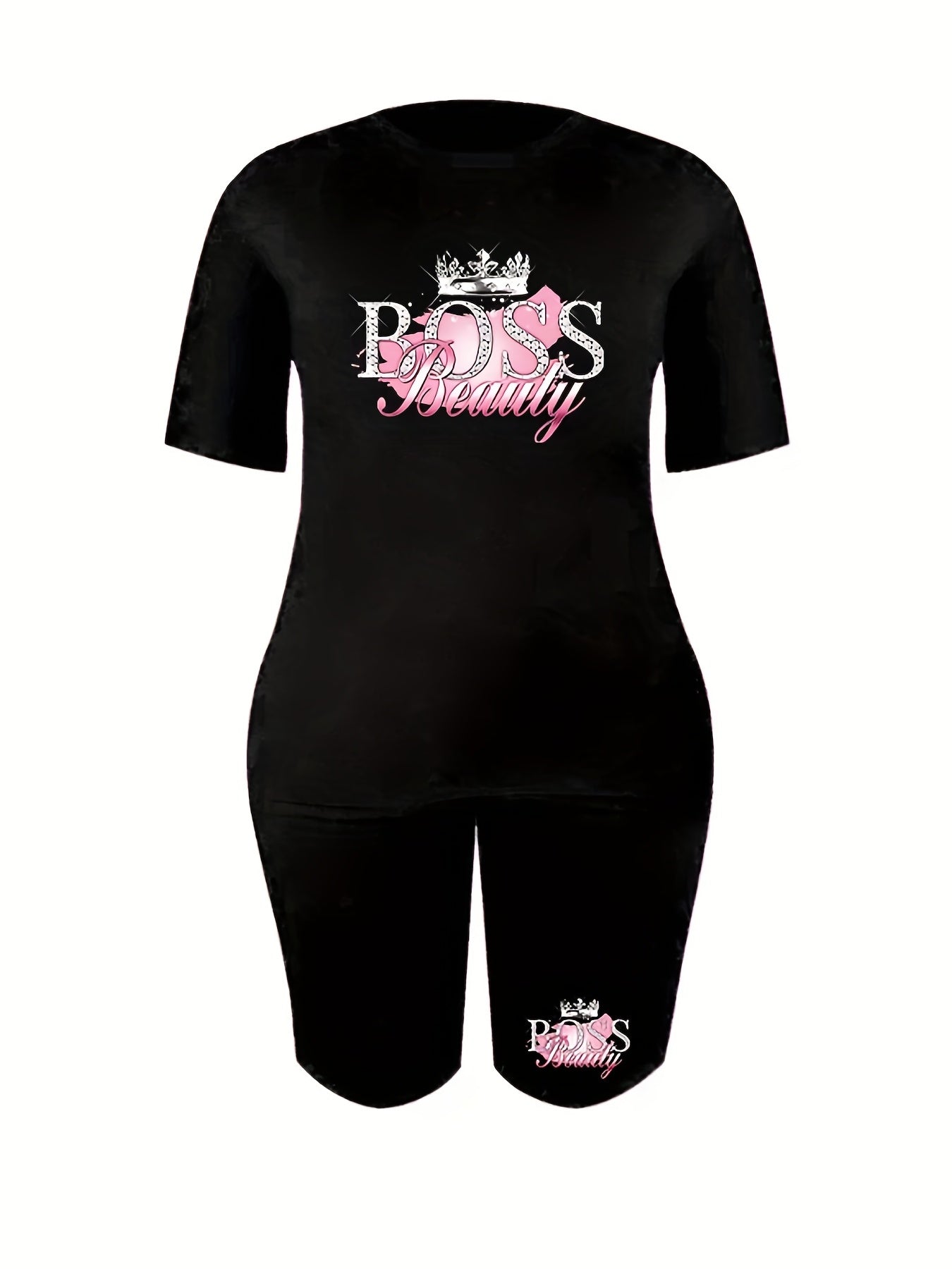 Women's Plus Letter Print Crop Top & Shorts Set