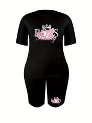 Women's Plus Letter Print Crop Top & Shorts Set