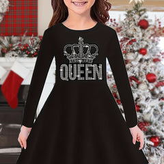 QUEEN Print Crown Graphic Long Sleeve Dress Girls Comfy Dress