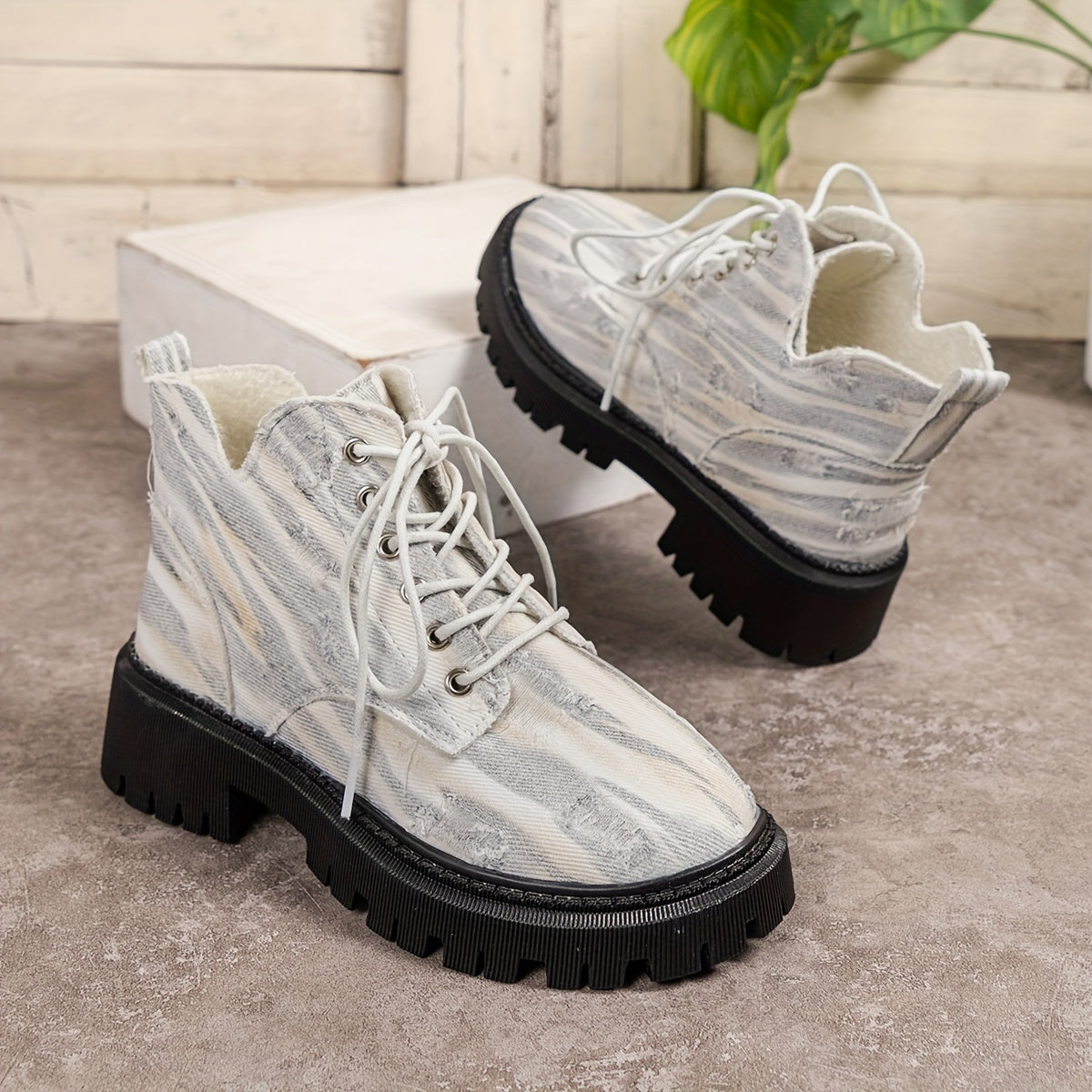 Women's Denim Flat Walking Boots High Top Lace Up Non Slip Fall Winter Boots