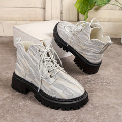 Women's Denim Flat Walking Boots High Top Lace Up Non Slip Fall Winter Boots