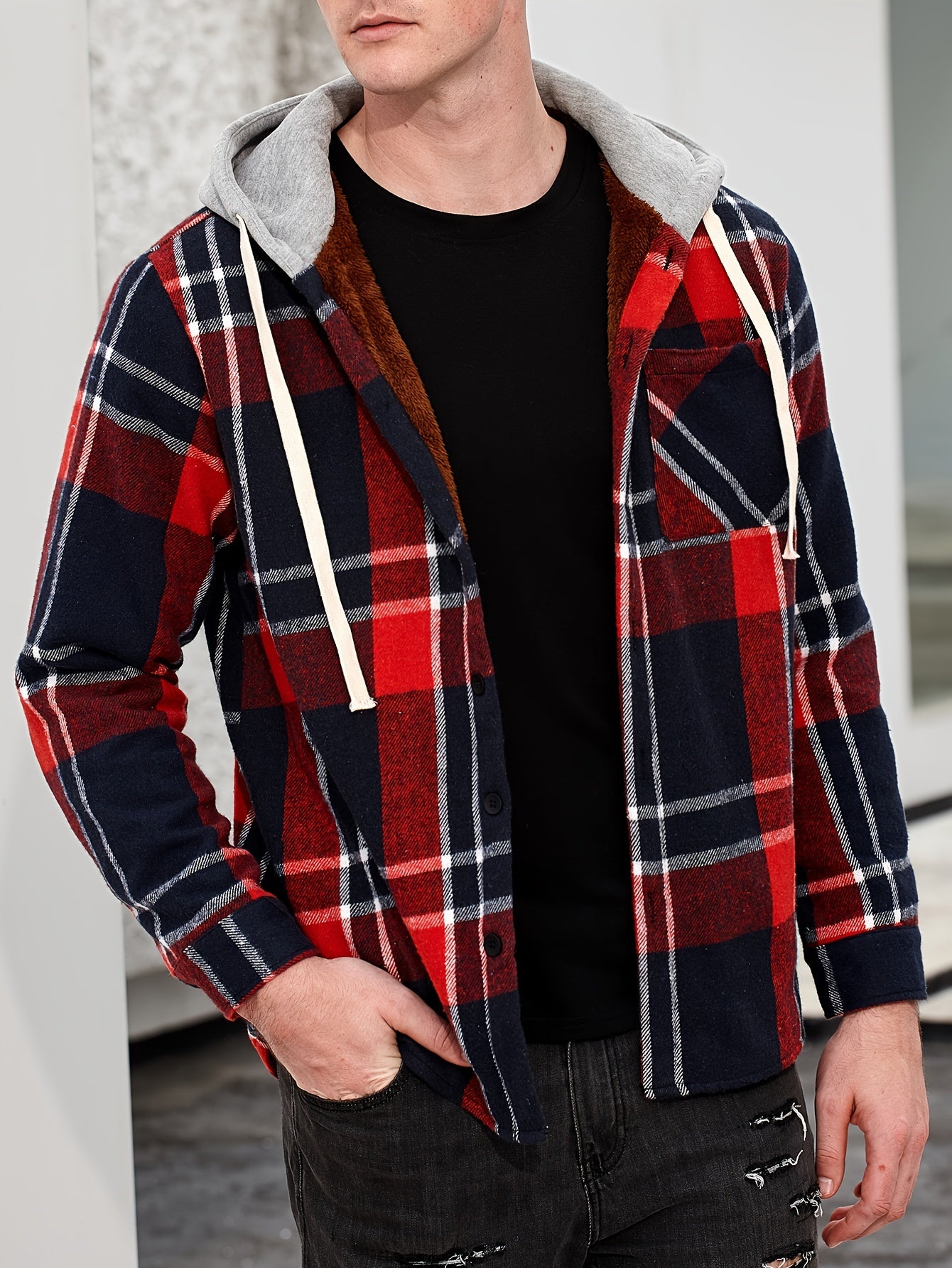 Men's Plaid Button Up Hooded Shirt Coat