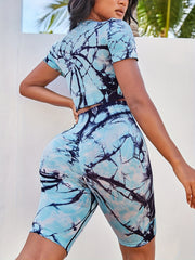 2pcs Tie Dye Sports Suits Short Sleeve Workout Top & High Stretch Shorts