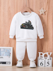 Baby Cartoon Train Print Sweatshirt and Trousers Set