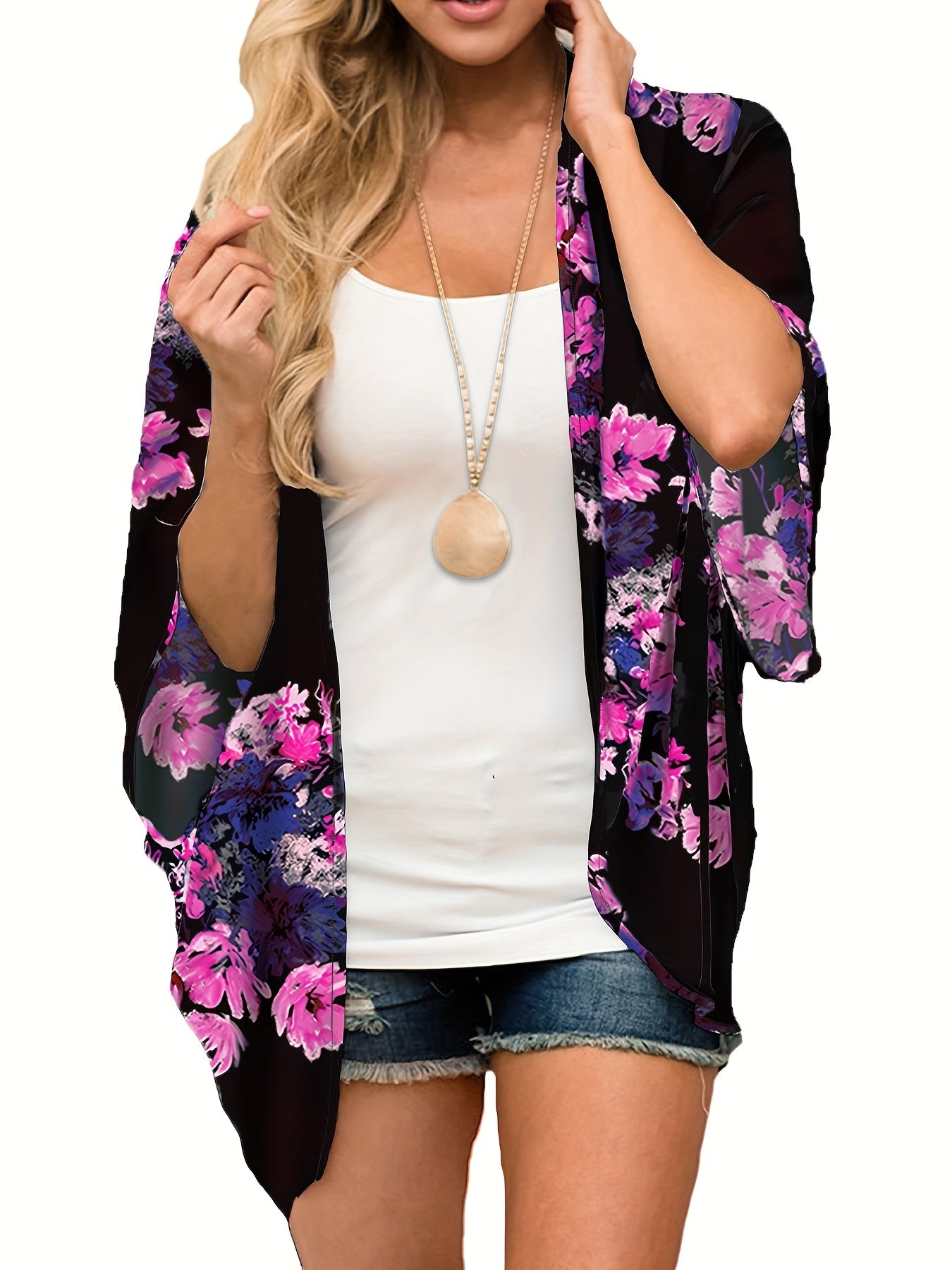 Floral Print Bat Sleeve Beach Cover Up