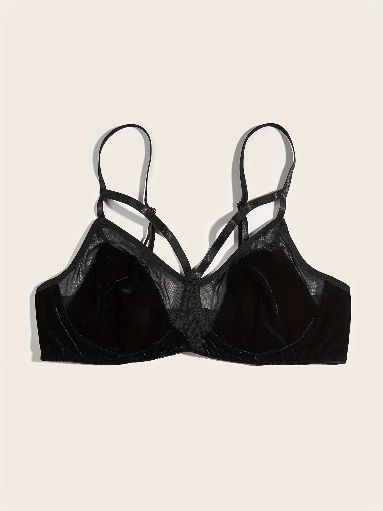 Sexy Bra Women's Plus Velvet Contrast Mesh Cut Out Underwire Solid