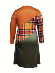 Colorblock Plaid Print V-Neck Dress