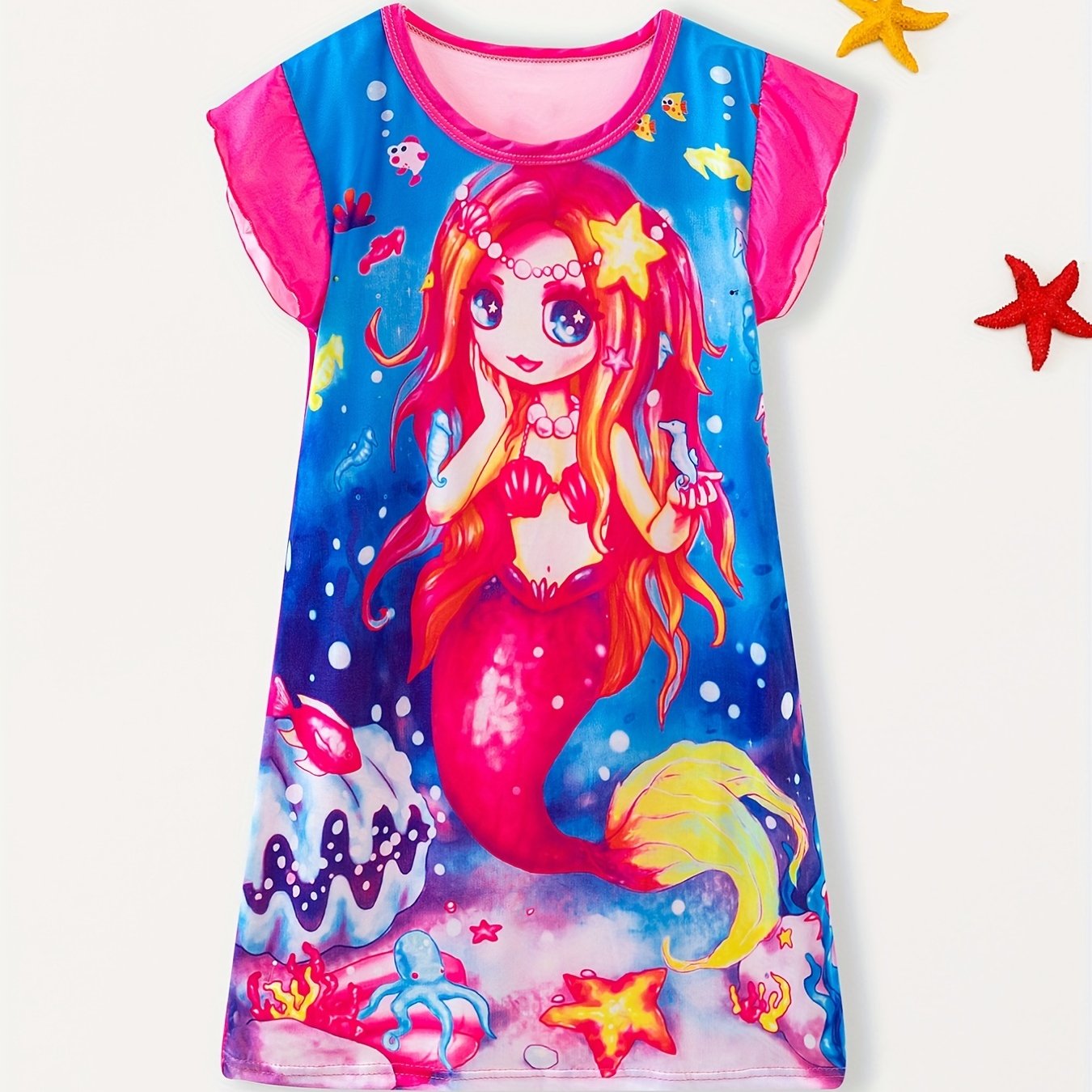 Anime Mermaid Print Sleeveless Ruffle Nightdress for Girls