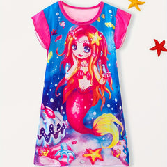 Anime Mermaid Print Sleeveless Ruffle Nightdress for Girls