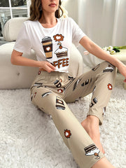 Cartoon Cake & Drink Print Pajama Set